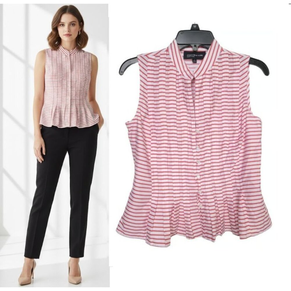 ⭐Jones New York Womens Blouse Sz S White Red Striped Sleeveless Button Front